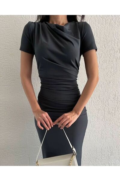 HARMONY GLOBAL Γυναικείο ανθρακί φόρεμα 168 με κοντό μανίκι Osho υφασμάτινο ντραπέ με λεπτομέρεια στο πλάι