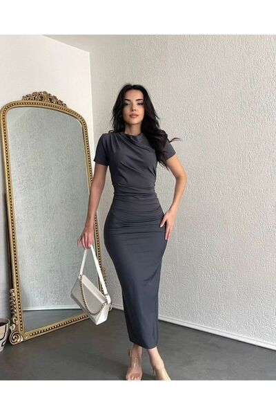 HARMONY GLOBAL Γυναικείο ανθρακί φόρεμα 168 με κοντό μανίκι Osho υφασμάτινο ντραπέ με λεπτομέρεια στο πλάι