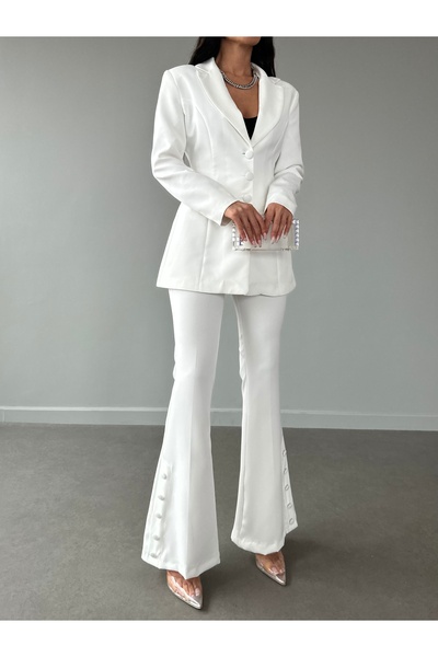 Female Clothing Stretch Fabric - Buttoned White Blazer Jacket and Belt Flare Leg Trousers Suit