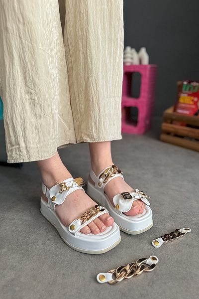SHOEBELLAS Sandale Shan White pentru damă cu cataramă aurie - Schimbare detașabilă