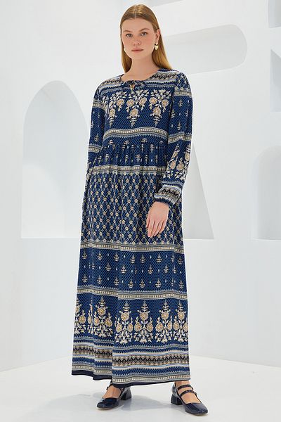 Bigdart Navy Blue Cream Patterned Viscose Women's Long Dress - 1947
