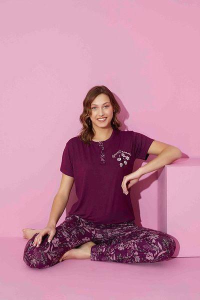 bie's Women's Plum Flower Pattern 3-Button Crew Neck Viscose Short Sleeve Pocket Pajamas Set