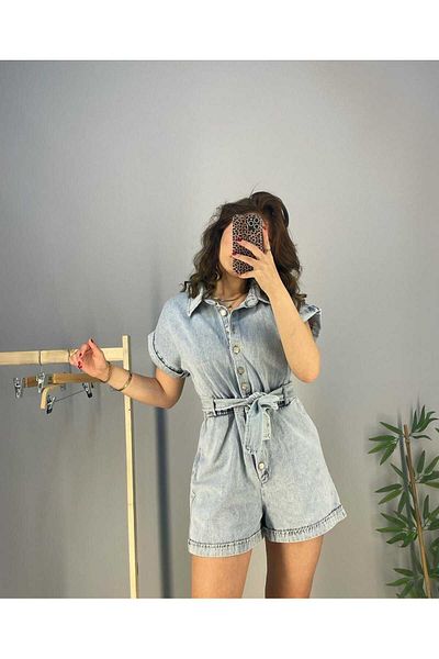 BelezaStore Pantaloni scurți din denim Salopetă Albastru deschis Mini