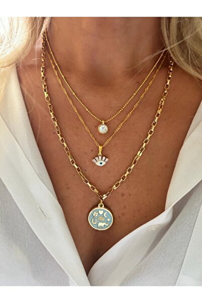 Rossetto Atelier Altın Kaplama Nazar Göz Tek Taş Detaylı 3 Parça Kolye Seti