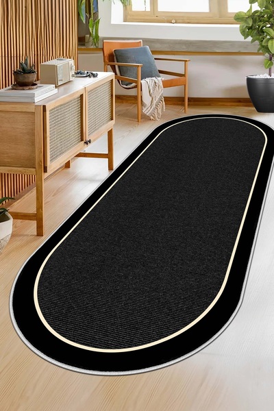 Confidence Home Machine Washable Non-Slip Base Stain Resistant Oval Runner Black Cutting Runner for Home Decoration
