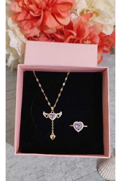 HKN AVM ACCESSORİES Çelik Kararmaz Yüzük Melek Kanatlı Kolye Yüzük Set Kombin