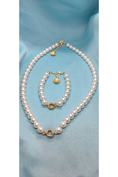 Grcstyle 14mm İnci Gemici Kilitli Bileklik Kolye Seti , Altin Takılan Set , A...