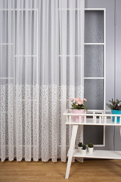 Perdelit Daisy Patterned Knitted Tulle Curtain Don't Want Iron (1/2.5 Normal Pleat)