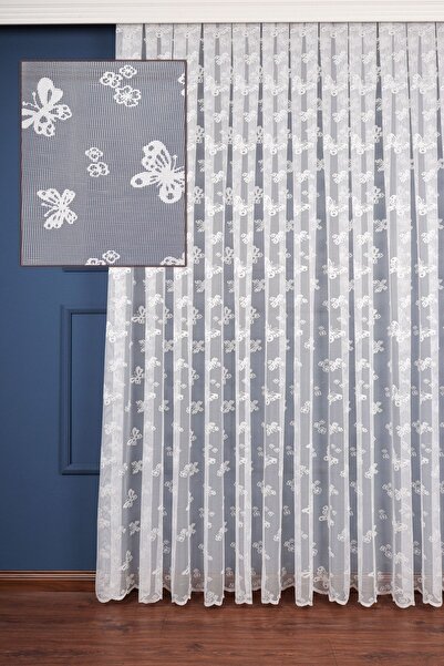 Perdelit Ekru Kelebek Genç Ile Çocuk Odası Örme Tül Perde Ütü Istemez (1/3 Sık Pile)