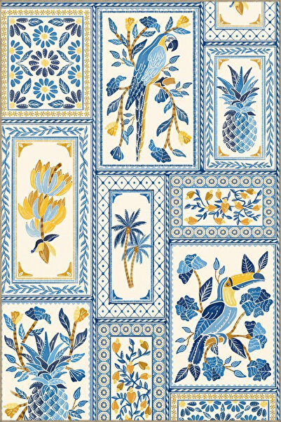 Rugs Modern Halı Mavi Sarı Temalı Çiçek Palmiye Papağan ve Tukan Kuşu Figürle...