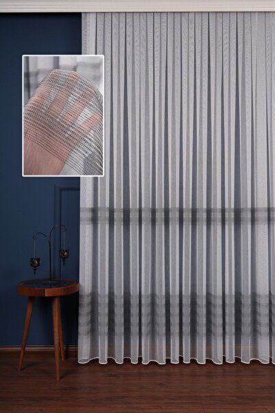 Perdelit Enine Bantlı Ekru-antrasit Simli Düz Tül Perde Ütü Istemez (1/3 Sık Pile )