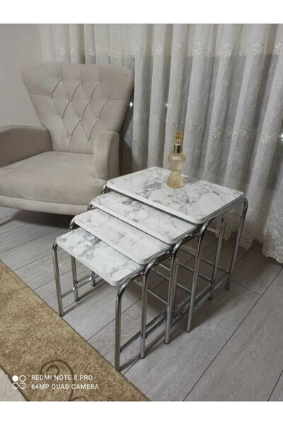 arvenlive Beyaz Mermer Desenli Parlak Nikelaj Kaplamalı 4'lü Zigon Sehpa