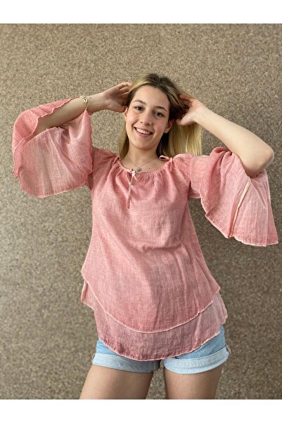 Bohemian Antik Görünümlü Çift Katlı Ispanyol Kol Naturel Bluz