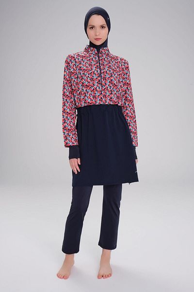 Haşema Esila Κόκκινο Μπλε Λαδί Floral Χαρακτηρισμένο Gilet Πλήρης Χιτζάμπ Μαγιό Μπλούζα