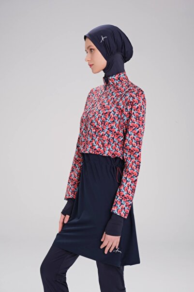 Haşema Esila Çiçek Desenli Kırmızı Lacivert Jileli Tam Tesettür Mayo Üstü