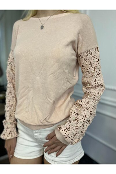 Bohemian Kadın Pudra Kolları Zarif Dantel İnci Detaylı Kazak