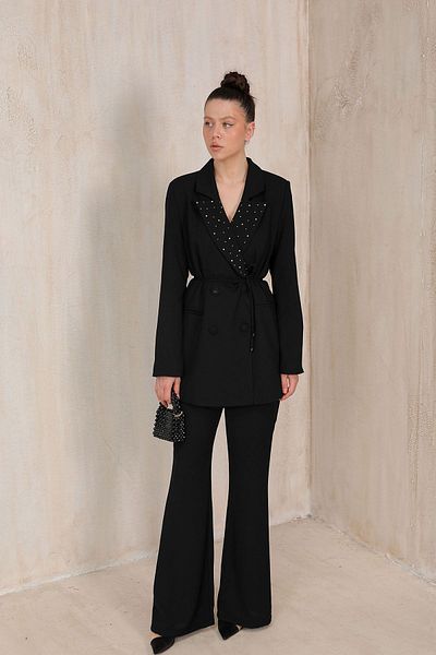 Melike Tatar Jewelled Collar Black Jacket Set - 32-2083