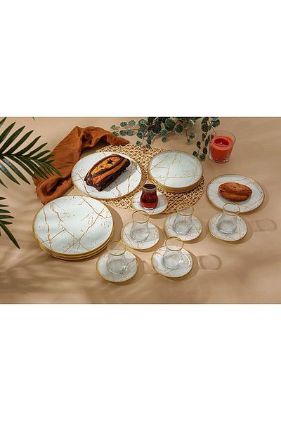 B&M 24 Piece White Marble Patterned Round Breakfast Set