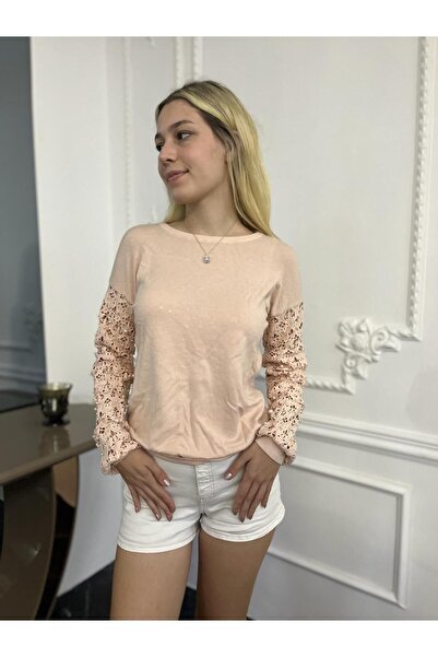 Bohemian Kadın Pudra Kolları Zarif Dantel İnci Detaylı Kazak