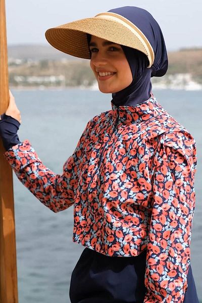 Haşema Esila Κόκκινο Μπλε Λαδί Floral Χαρακτηρισμένο Gilet Πλήρης Χιτζάμπ Μαγιό Μπλούζα