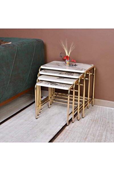 arvenlive Beyaz Mermer Desenli Gold Renk Ayaklı 4'lü Zigon Sehpa