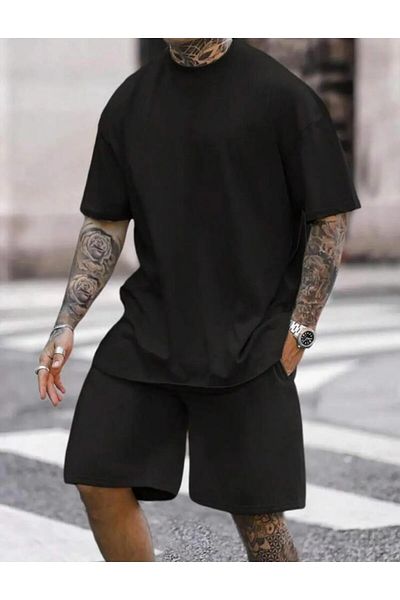 EFFRENATU Unisex Oversize Μαύρο μπλουζάκι και Σετ σορτς - Crew Neck