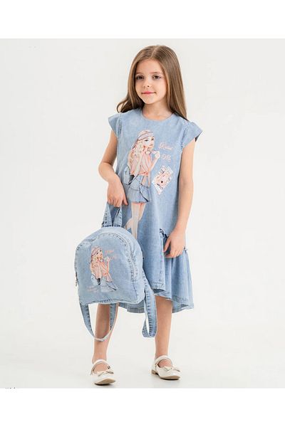 Little Pumpkin Girl's Denim Dress - With Bag and Holiday Detail