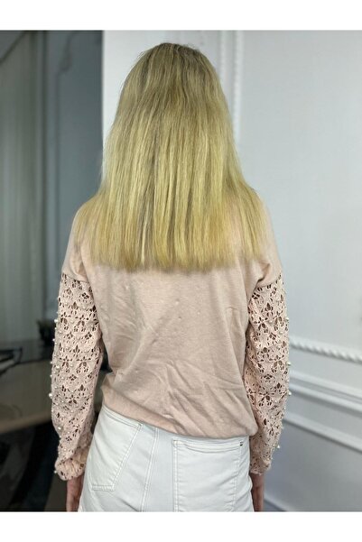 Bohemian Kadın Pudra Kolları Zarif Dantel İnci Detaylı Kazak