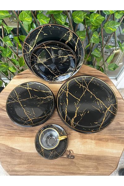 B&M 24 Piece Round Handle Black Marble Patterned Breakfast Set