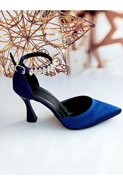 Modavien Women's 6 Cm Navy Blue Satin Stone Evening Dress Shoes 352t