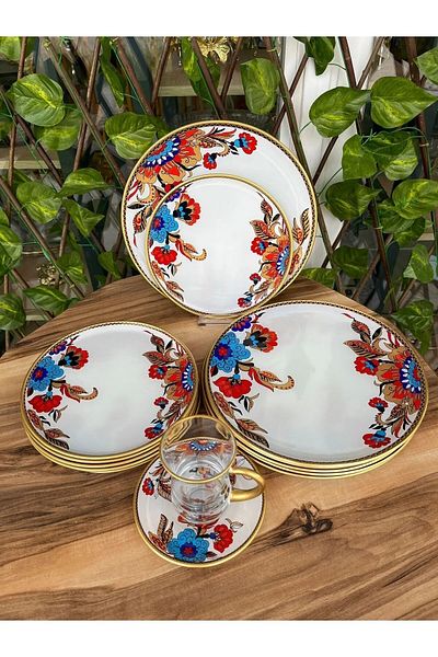B&M 24 Piece White Floral Patterned Round Handle Breakfast Set