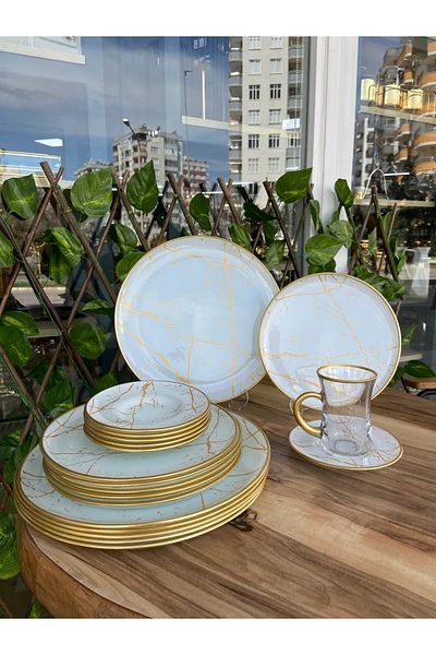 B&M 24 Piece White Marble Patterned Round Handle Breakfast Set