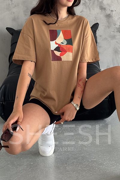 SHEESH APPAREL Γυναικείο μπλουζάκι Oversize - Καφέ, Πίνακας με στάμπα