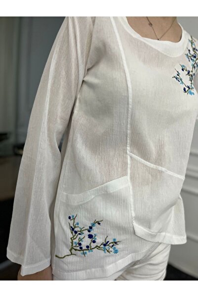 Bohemian Otantik Nakışlı Uzun Kollu Organik Pamuk Bluz
