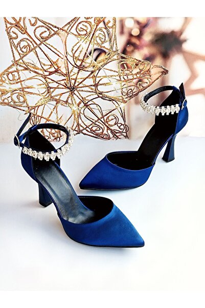 Modavien Women's 6 Cm Navy Blue Satin Stone Evening Dress Shoes 352t