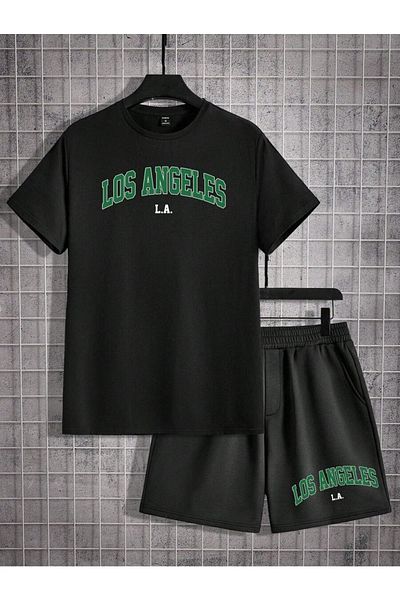 Moda Glo Ανδρικό μπλουζάκι και σορτς με στάμπα Los Angeles σε μαύρο χρώμα - Crew Neck