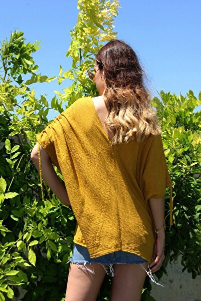 Bohemian Women's Mustard V-neck Bat Cut Authentic Blouse