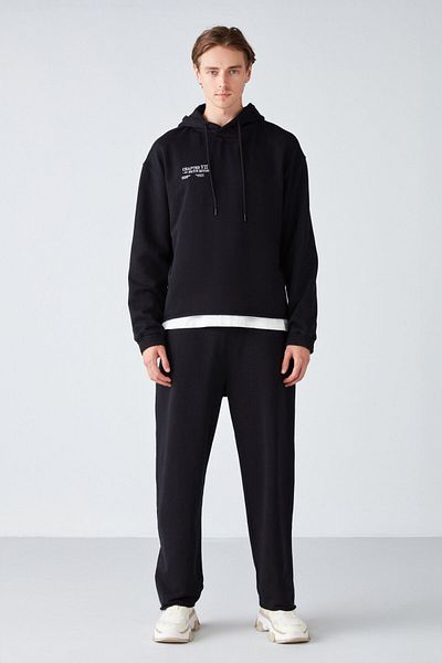 GRIMELANGE Leox Men's Comfort Fit Embroidered Hooded Black Tracksuit Set