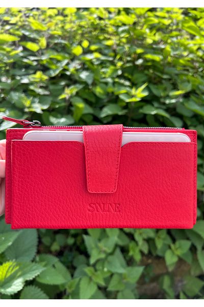 SANLINE Red Genuine Leather Women's Wallet - Hand Portfolio with Phone Compartment