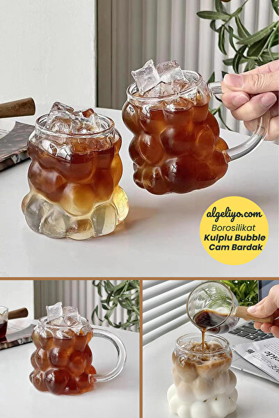 Jobal Kulplu Bubble Isıya Dayanıklı Borosilikat Boncuk Şekilli Cam Bardak Kah...
