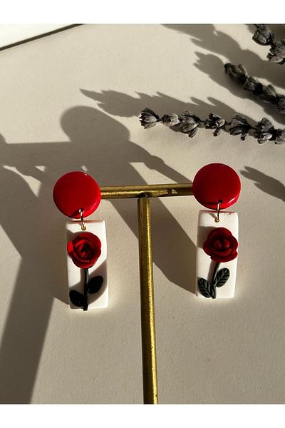 Gizy Store Women's Special Design Red Rose Women's Earrings Handmade Polymer Clay
