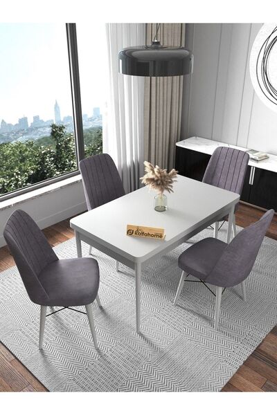 Kaffahome Fixed Serisi Aytaşı 70x110 Sabit Mutfak Masası , Mutfak Sandalye Takımı 4 Gri Sandalye