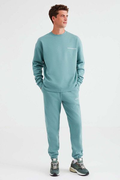 GRIMELANGE Marshall Men's Cotton Fleece Inside Embroidered Relaxed Green Tracksuit Set