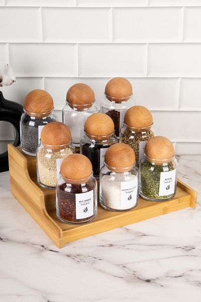 DNS HOME Glass Spice Rack Set with 9 Wooden Ball Lids Layered Stand Spice Label Storage Jar 300ml