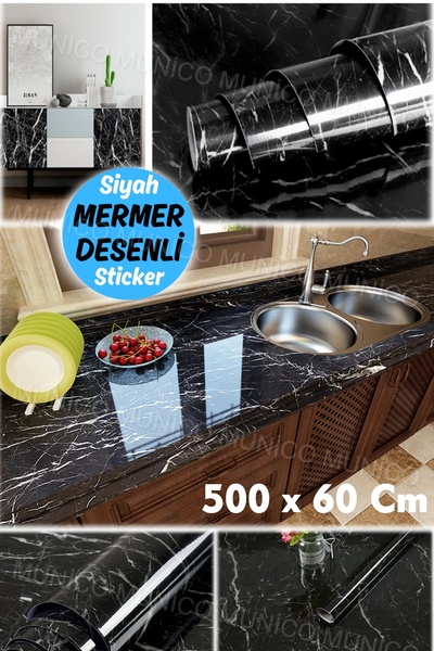 Munico Mermer Figürlü Kağıt Masa Çıkartması Su Geçirmez Yağa Dayanıklı Mobilya Çıkartması Ev Dekor Siyah 5M