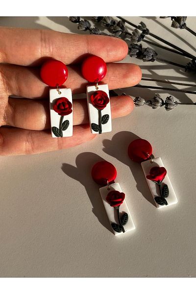 Gizy Store Women's Special Design Red Rose Women's Earrings Handmade Polymer Clay