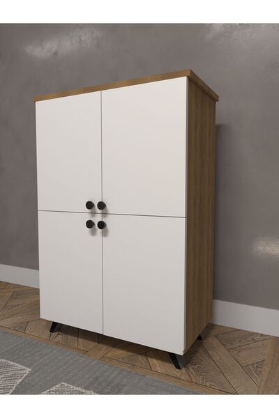 ESYAH Dekoratif Ahşap-Beyaz 4 Kapaklı Ayakkabılık