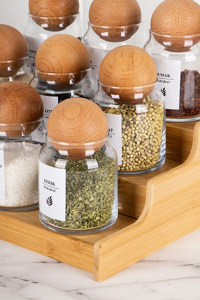 DNS HOME Glass Spice Rack Set with 9 Wooden Ball Lids Layered Stand Spice Label Storage Jar 300ml