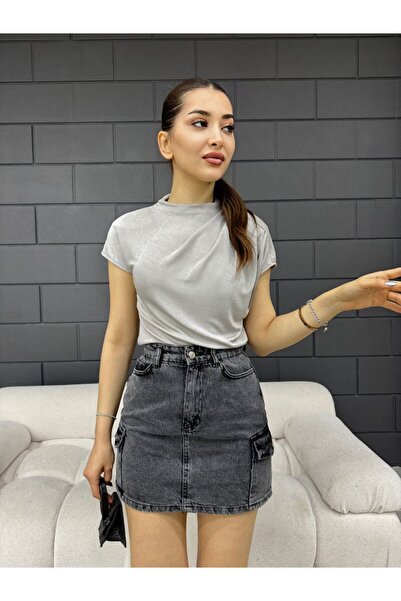 Fav Style Γκρι γυναικεία μπλούζα - με επένδυση, κοντό μανίκι και λεπτομέρεια ...