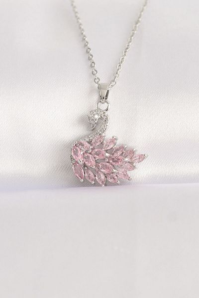 ShopZum 316L Steel Chain Silver Color Pink Zircon Stone Swan Figure Necklace